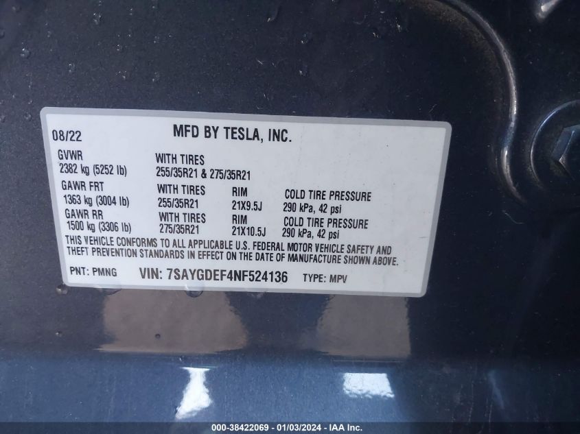 2022 TESLA MODEL Y PERFORMANCE DUAL MOTOR ALL-WHEEL DRIVE - 7SAYGDEF4NF524136