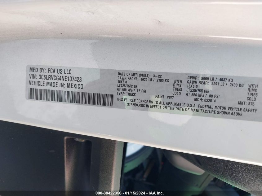 2022 RAM PROMASTER 2500 2500 HIGH 3C6LRVCG4NE107423
