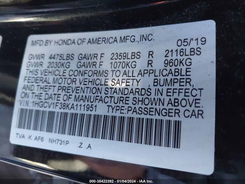 VIN 1HGCV1F38KA111951 2019 HONDA ACCORD SPORT