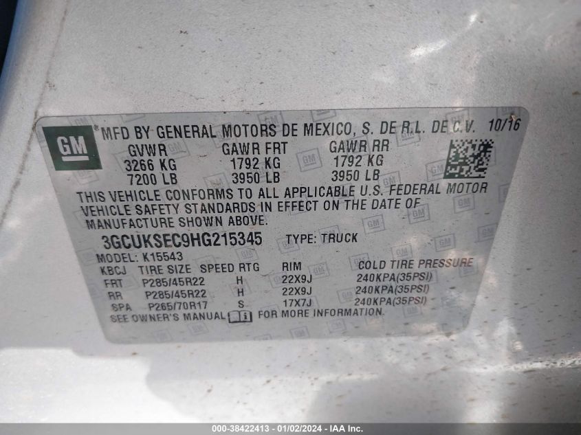 2017 CHEVROLET SILVERADO 1500 2LZ - 3GCUKSEC9HG215345