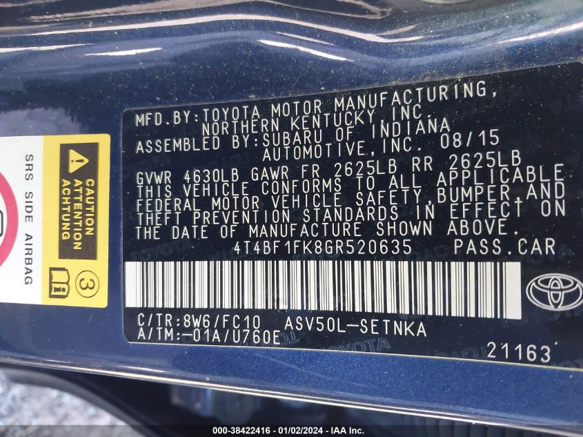 2016 TOYOTA CAMRY LE/XLE/SE/XSE - 4T4BF1FK8GR520635