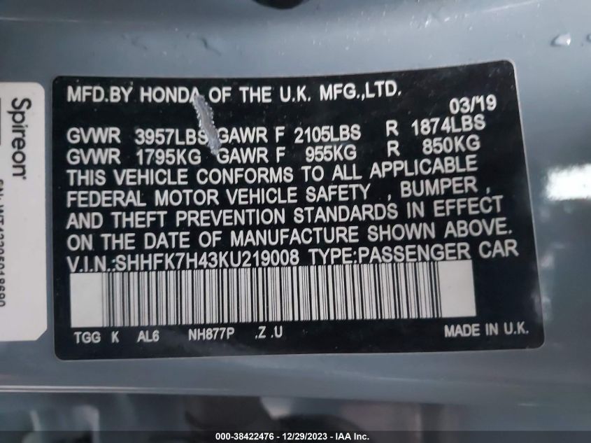 2019 HONDA CIVIC SPORT - SHHFK7H43KU219008