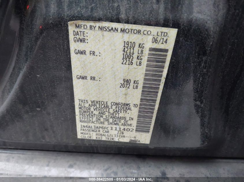 2015 NISSAN ALTIMA 2.5/S/SV/SL - 1N4AL3AP6FC111402