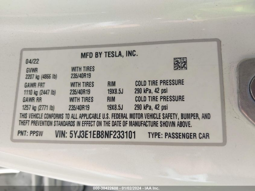 2022 TESLA MODEL 3 - 5YJ3E1EB8NF223310