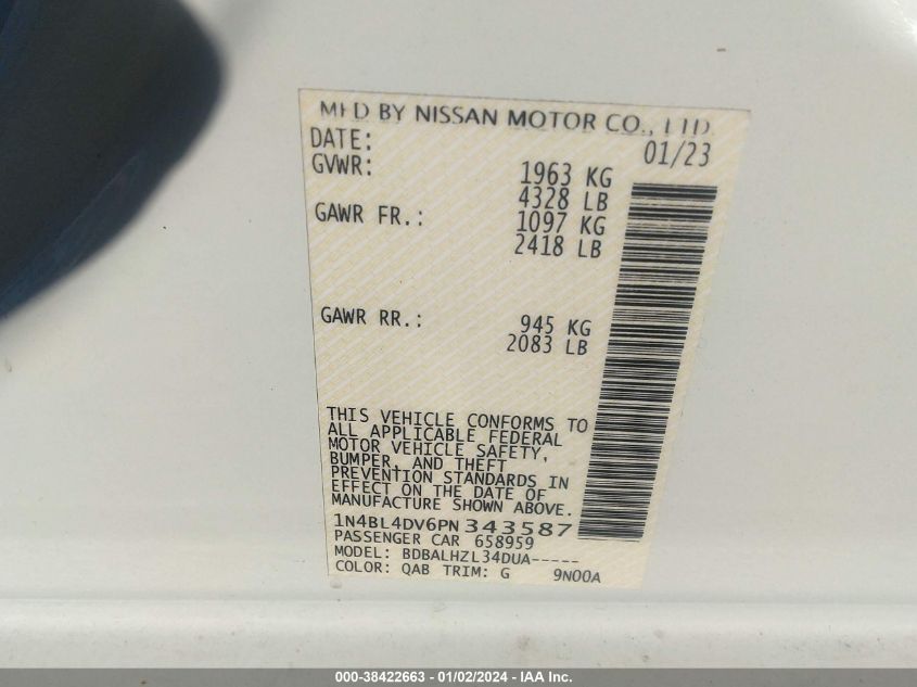 2023 NISSAN ALTIMA SV - 1N4BL4DV6PN343587