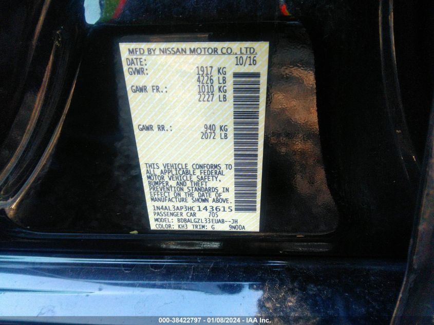 2017 NISSAN ALTIMA 2.5/S/SV/SL/SR - 1N4AL3AP3HC143615