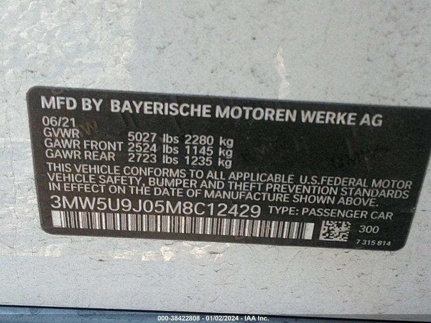 2021 BMW 3 SERIES - 3MW5U9J05M8C12429