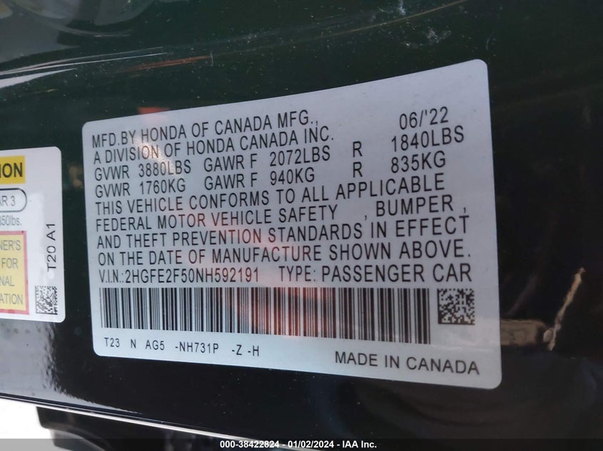 VIN 2HGFE2F50NH592191 2022 HONDA CIVIC SPORT