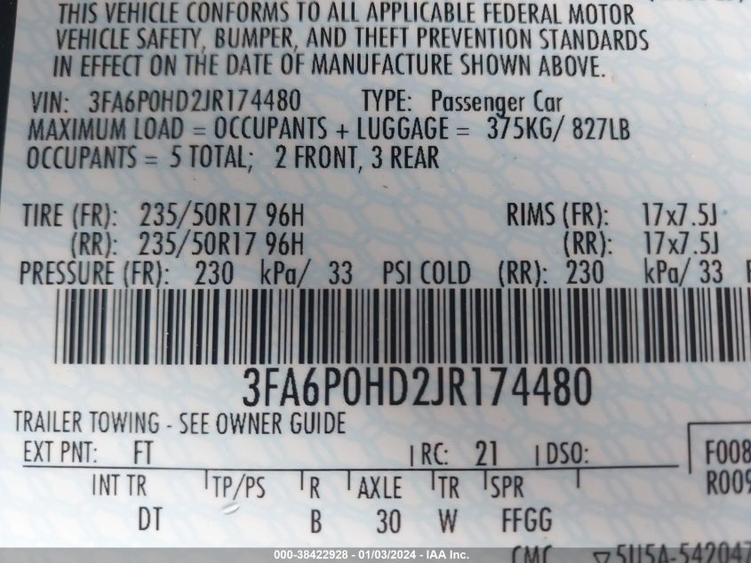2018 FORD FUSION SE - 3FA6P0HD2JR174480