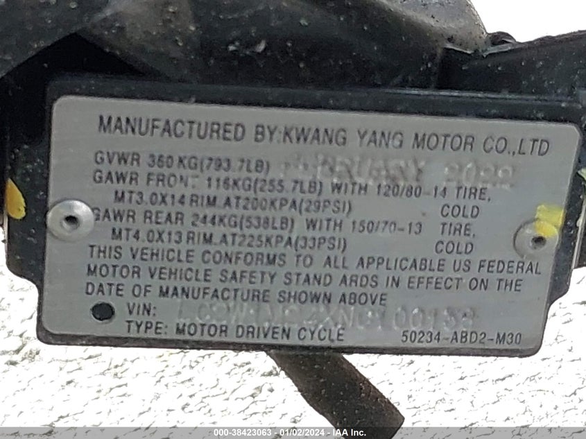 VIN LC2W1M24XNC100138 2022 KYMCO USA INC X-TOWN 300