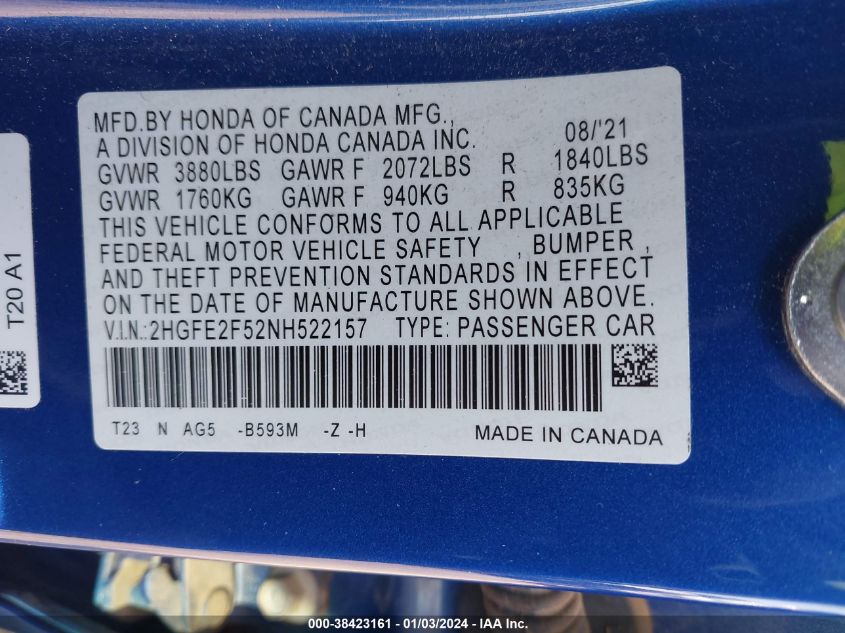 2022 HONDA CIVIC SPORT - 2HGFE2F52NH522157