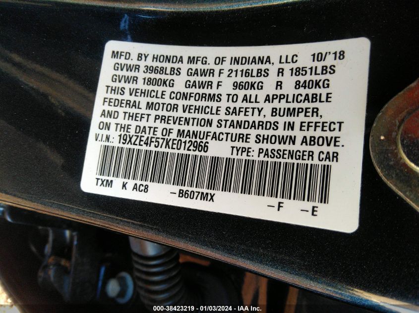 2019 HONDA INSIGHT EX - 19XZE4F57KE012966