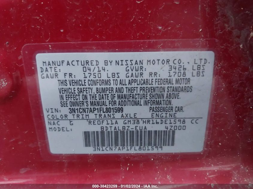 2015 NISSAN VERSA 1.6 SV - 3N1CN7AP1FL801599