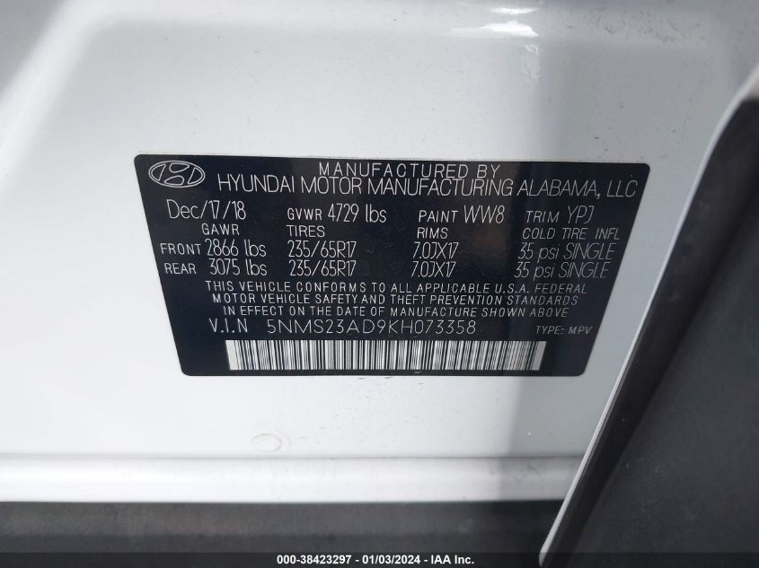 2019 HYUNDAI SANTA FE SE - 5NMS23AD9K8073358