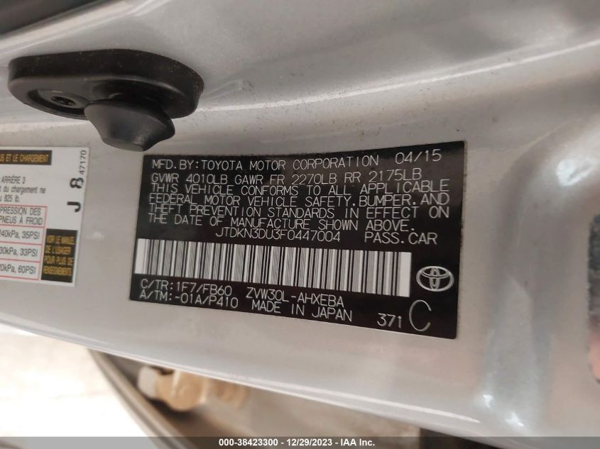 2015 TOYOTA PRIUS - JTDKN3DU3F0447004