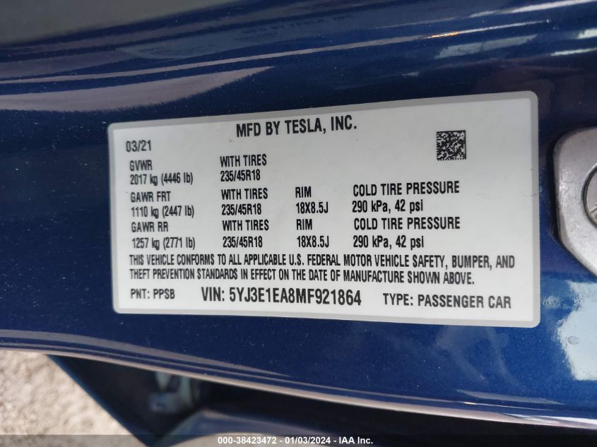 2021 TESLA MODEL 3 STANDARD RANGE PLUS REAR-WHEEL DRIVE - 5YJ3E1EA8MF921864