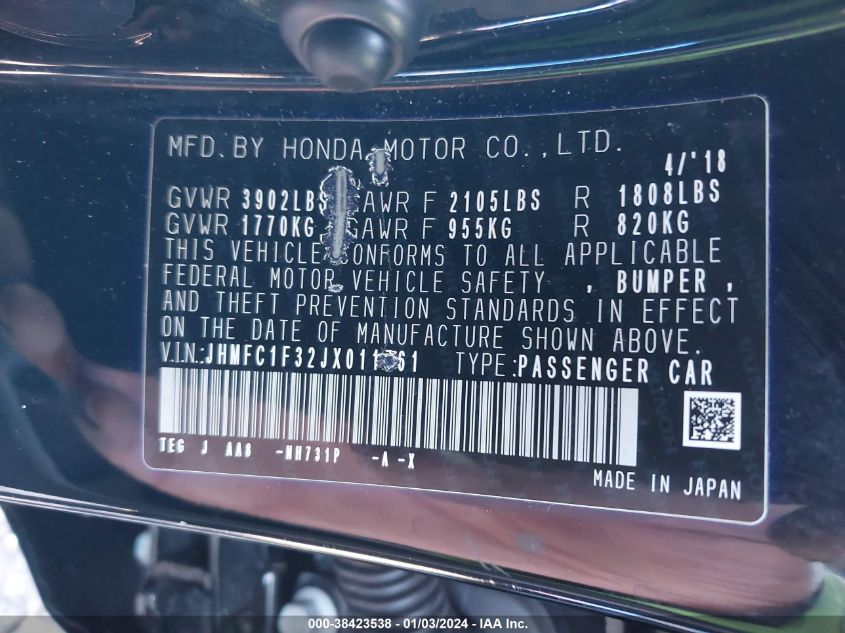 2018 HONDA CIVIC EX-T - JHMFC1F32JX011761