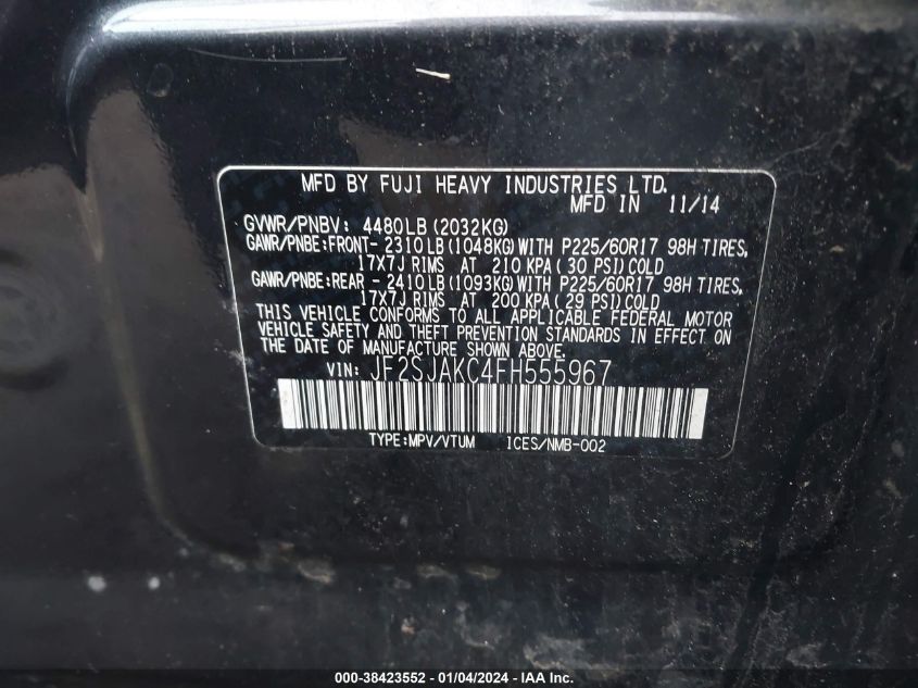 2015 SUBARU FORESTER 2.5I LIMITED - JF2SJAKC4FH555967