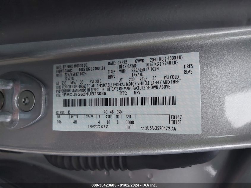 2022 FORD ESCAPE SE - 1FMCU9G62NUB23066