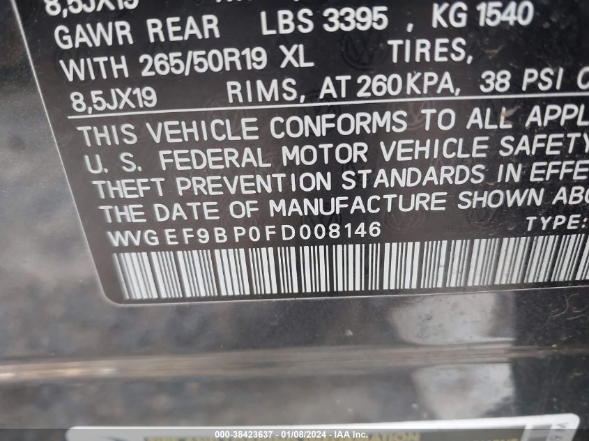 2015 VOLKSWAGEN TOUAREG V6 - WVGEF9BP0FD008146