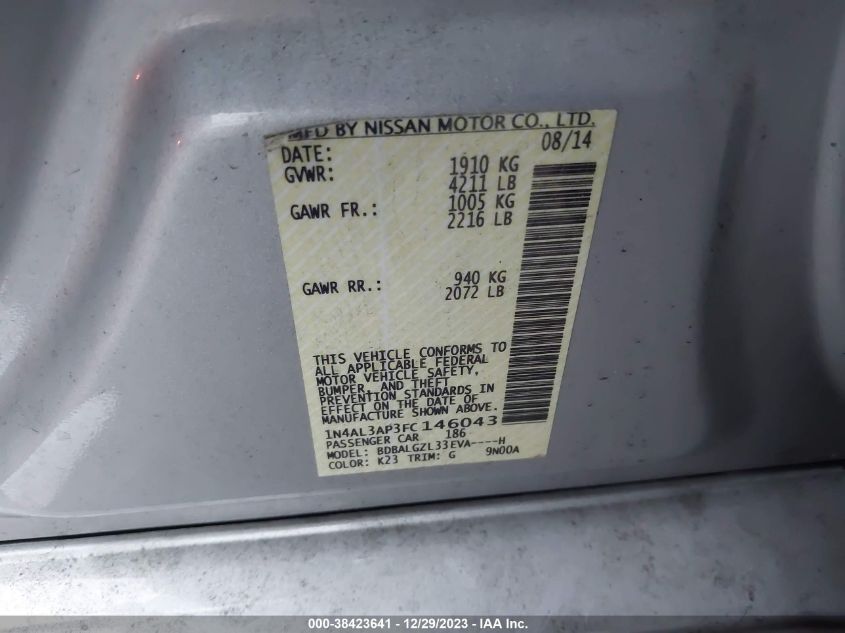 2015 NISSAN ALTIMA 2.5/S/SV/SL - 1N4AL3AP3FC146043