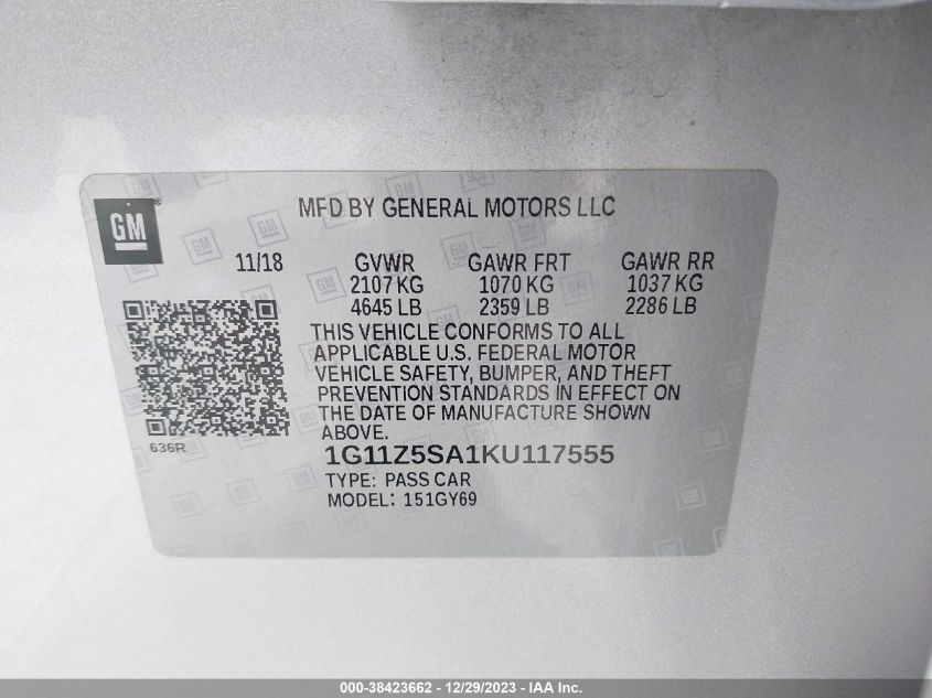 2019 CHEVROLET IMPALA LT - 1G11Z5SA1KU117555