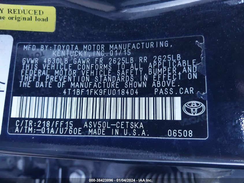 2015 TOYOTA CAMRY LE/XLE/SE/XSE - 4T1BF1FK9FU018404