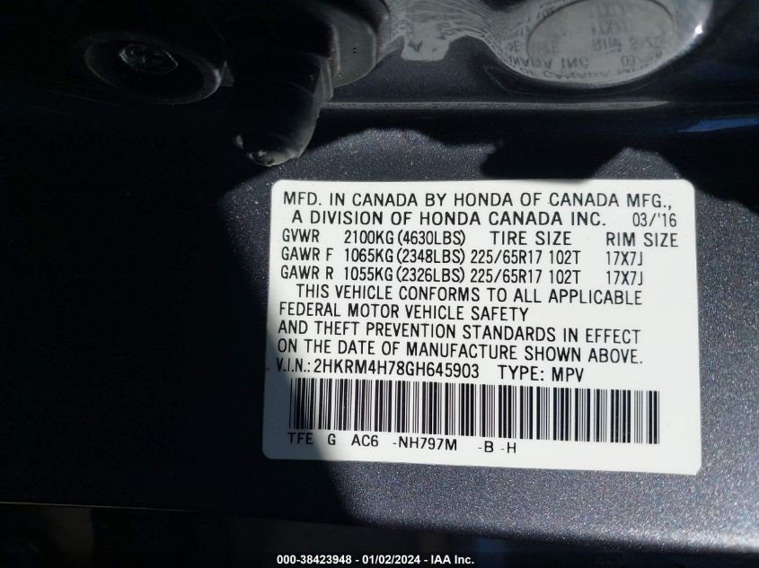 2016 HONDA CR-V EXL - 2HKRM4H78GH645903