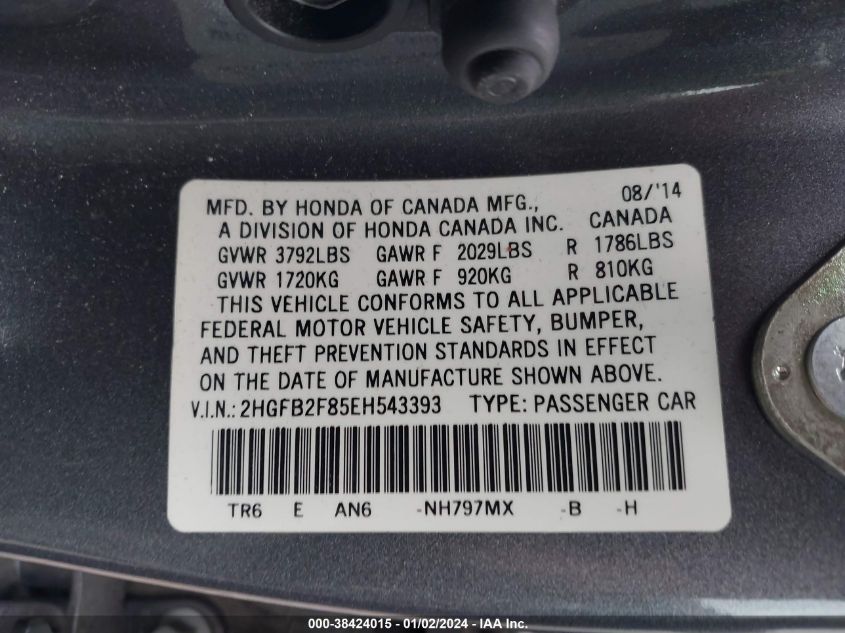 2014 HONDA CIVIC EX - 2HGFB2F85EH543393