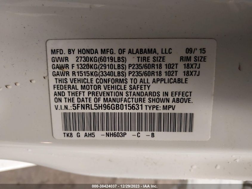 5FNRL5H96GB015631 2016 HONDA ODYSSEY, photo no. 9