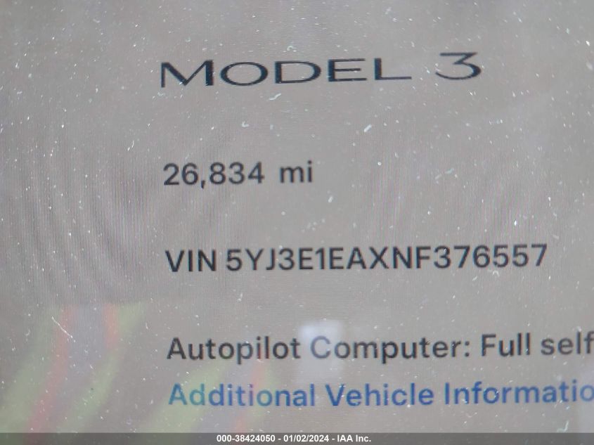 2022 TESLA MODEL 3 - 5YJ3E1EAXNF376557