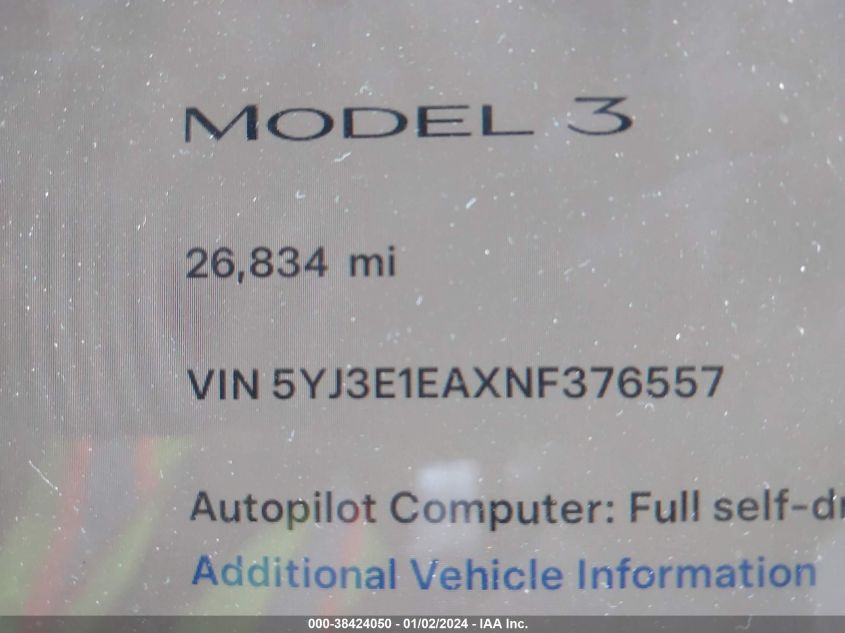 2022 TESLA MODEL 3 - 5YJ3E1EAXNF376557