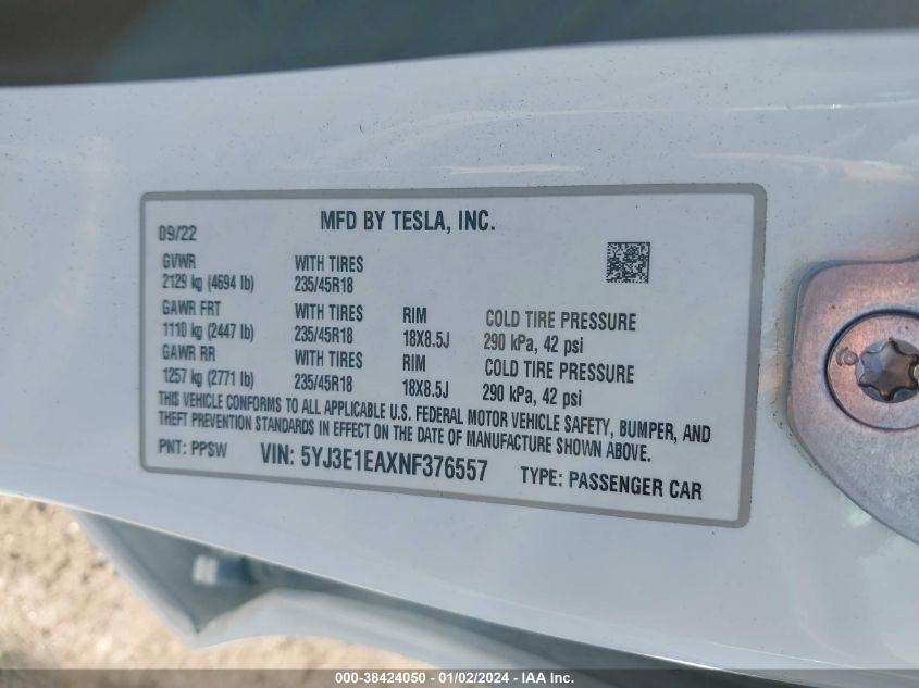 2022 TESLA MODEL 3 - 5YJ3E1EAXNF376557