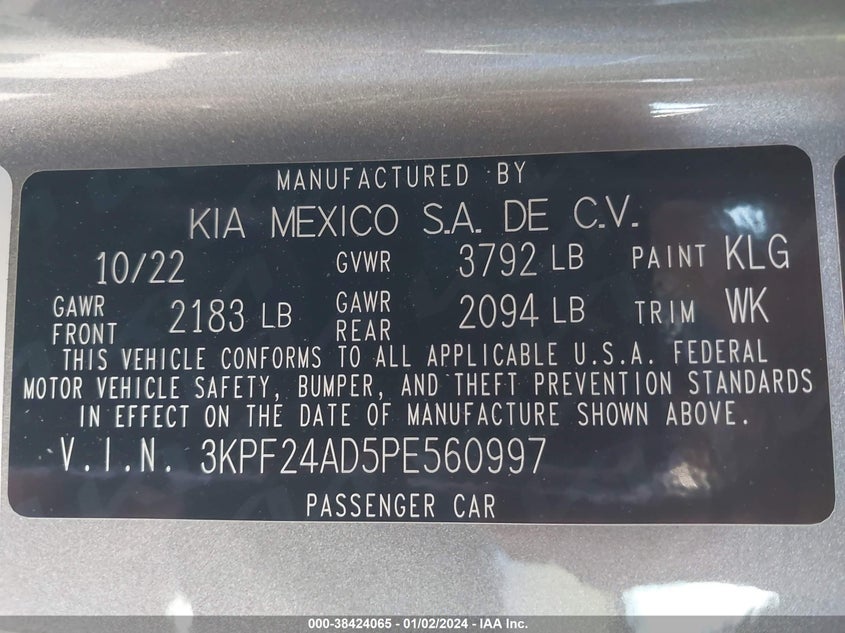 VIN 3KPF24AD5PE560997 2023 KIA FORTE LXS