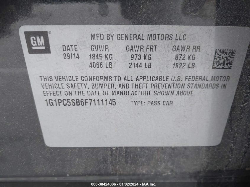 2015 CHEVROLET CRUZE LT - 1G1PC5SB6F7111145