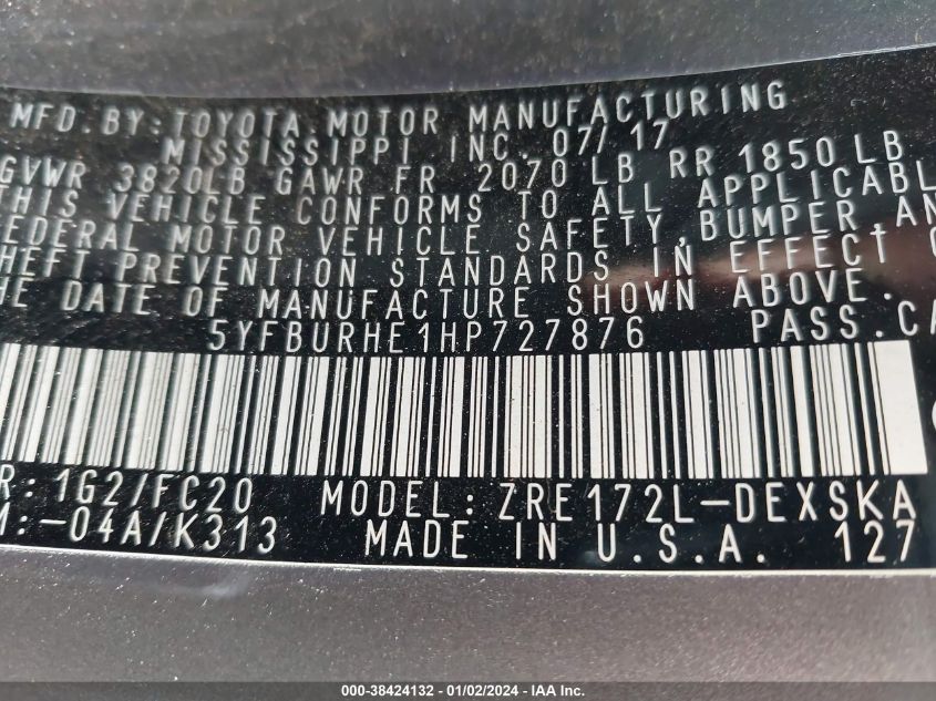 2017 TOYOTA COROLLA L/LE/XLE/SE/XSE - 5YFBURHE1HP727876