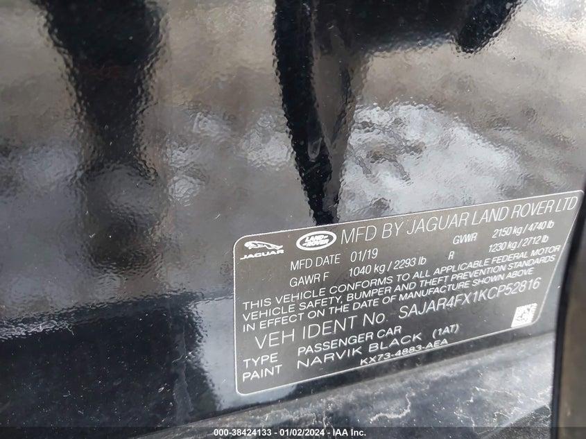 VIN SAJAR4FX1KCP52816 2019 JAGUAR XE