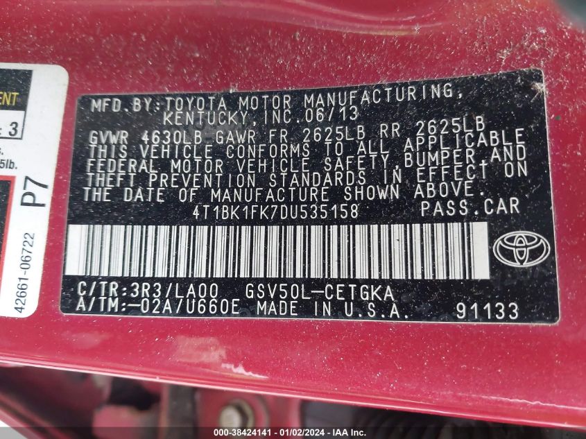 2013 TOYOTA CAMRY XLE V6 - 4T1BK1FK7DU535158