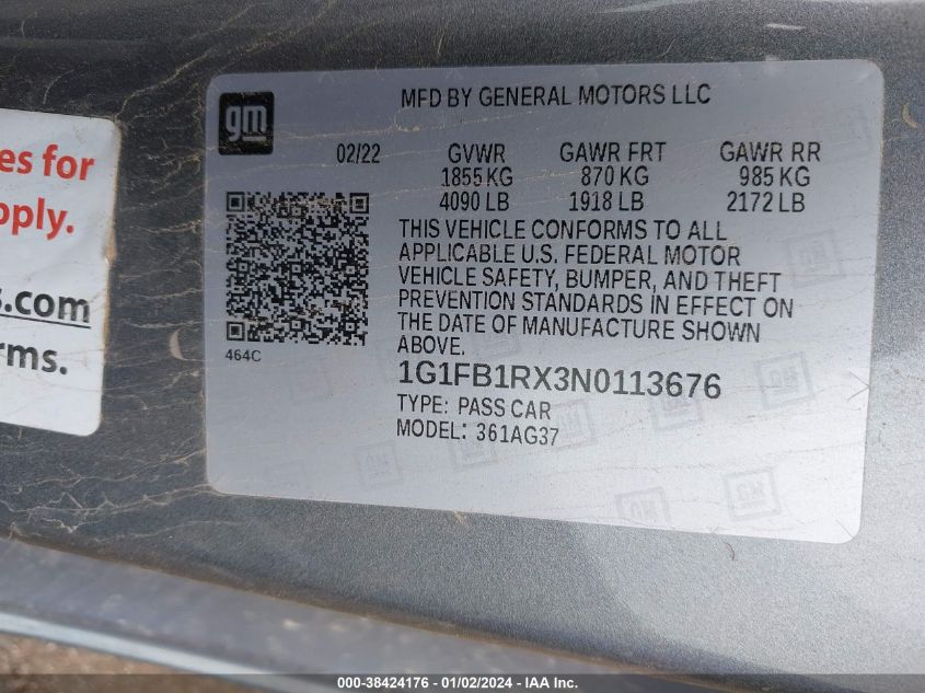 2022 CHEVROLET CAMARO LS/LT - 1G1FB1RX3N0113676