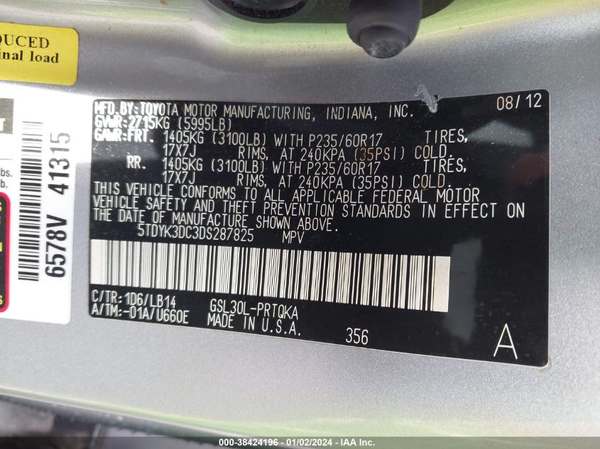 2013 TOYOTA SIENNA XLE V6 8 PASSENGER - 5TDYK3DC3DS287825