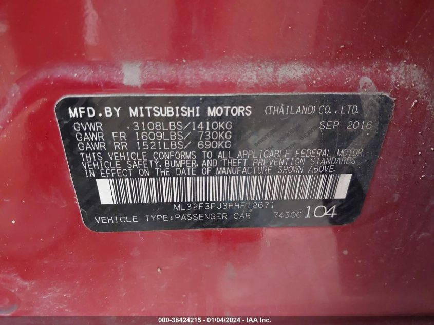 2017 MITSUBISHI MIRAGE G4 ES - ML32F3FJ3HHF12671