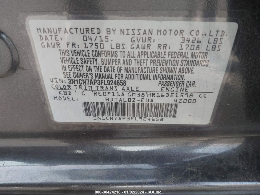 2015 NISSAN VERSA S/S PLUS/SV/SL - 3N1CN7AP3FL924658