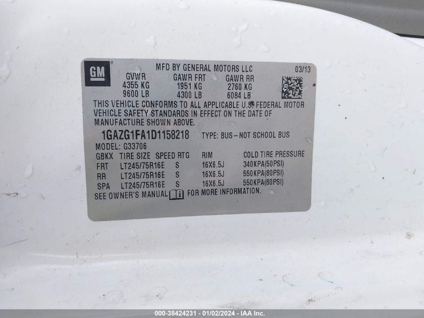 2013 CHEVROLET EXPRESS 3500 LT 1GAZG1FA1D1158218