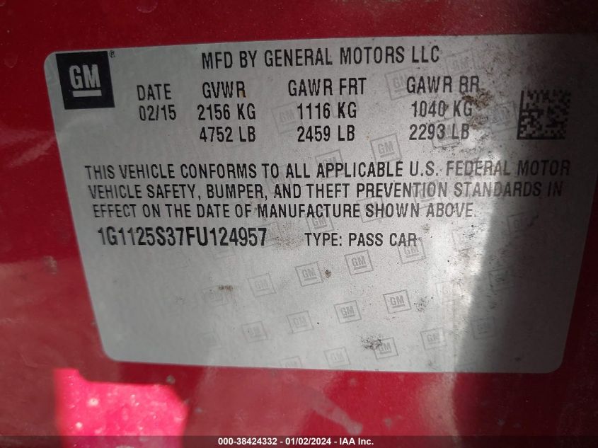 2015 CHEVROLET IMPALA 2LT - 1G1125S37FU124957