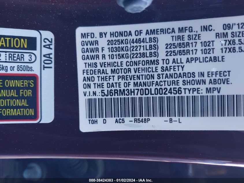 2013 HONDA CR-V EXL - 5J6RM3H70DL002456