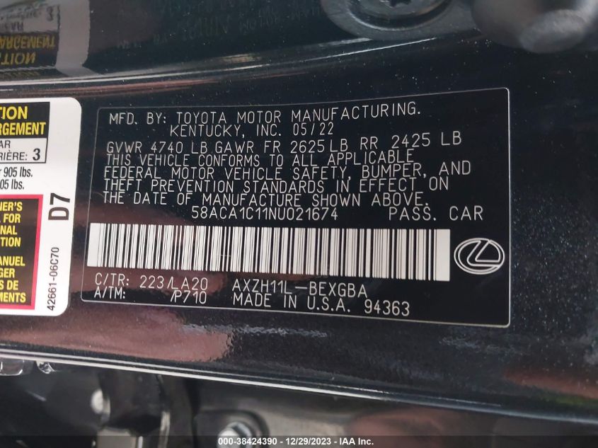 2022 LEXUS ES 300H 300H BASE/300H LUXURY/300 - 58ACA1C11NU021674
