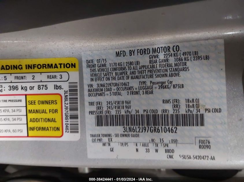 2016 LINCOLN MKZ - 3LN6L2J97GR610462