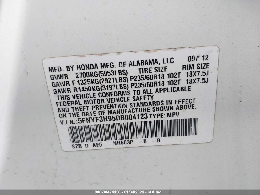 2013 HONDA PILOT TOURING - 5FNYF3H95DB004123