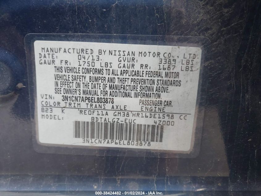 2014 NISSAN VERSA 1.6 SL - 3N1CN7AP6EL803878