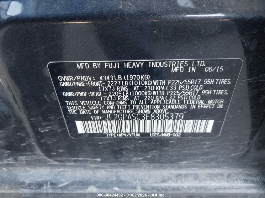 2015 SUBARU XV CROSSTREK SPORT LIMITED - JF2GPASC3F8305379